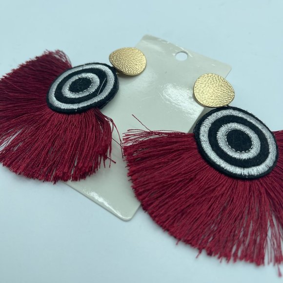 Tassel Earrings Red Black Embroidered Circles - Picture 3 of 6